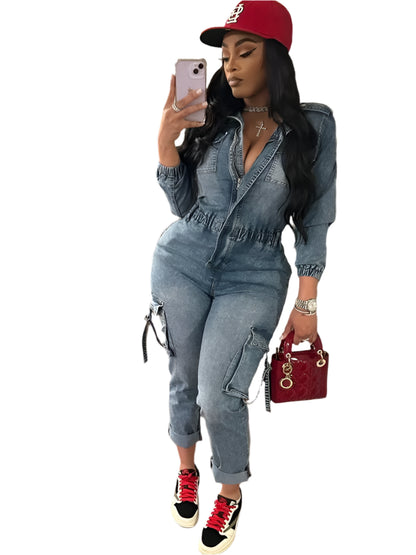 Y2K Denim Cargo Jumpsuit