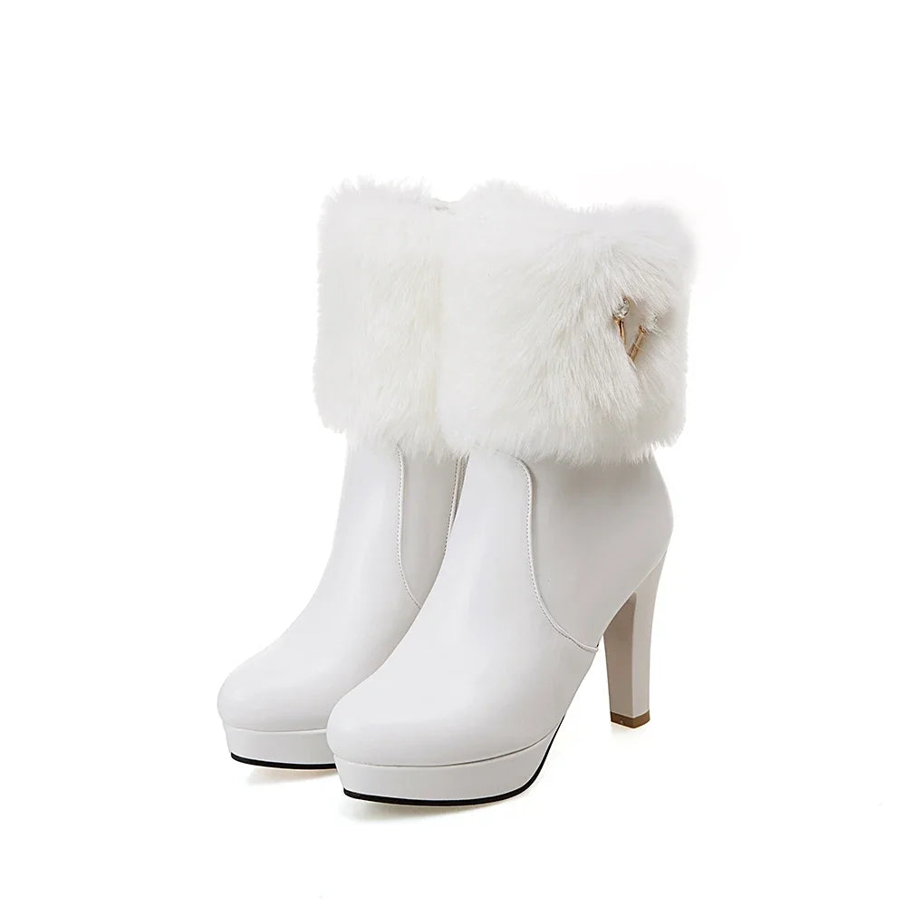 Fur Crystal Zipper High Heel Boots