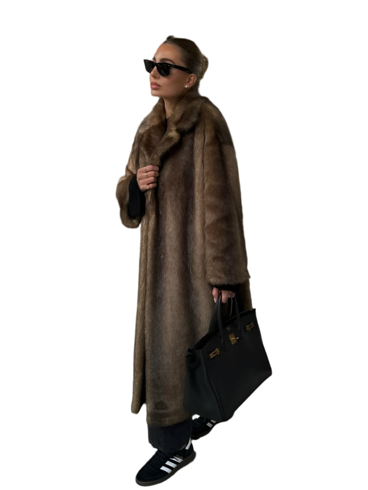 Women Fashion Dark Brown Thicken Warm Faux Fur Long Overcoat