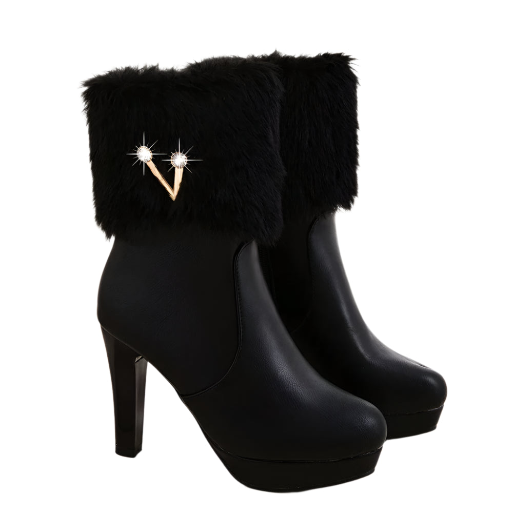 Fur Crystal Zipper High Heel Boots