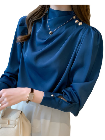 Women Shirt Long Puff Sleeve Satin