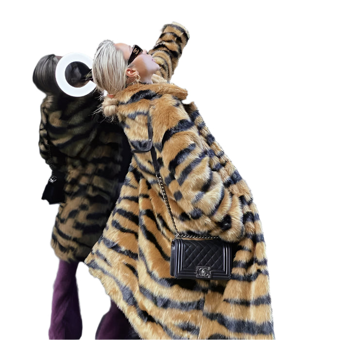 Wild Elegance Imitation Tiger Fur Coat