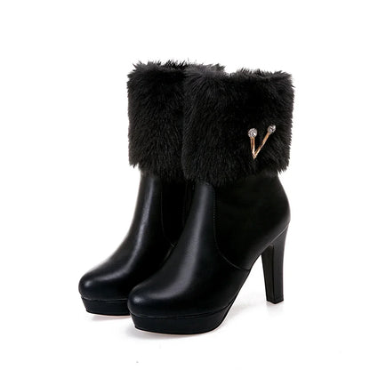 Fur Crystal Zipper High Heel Boots