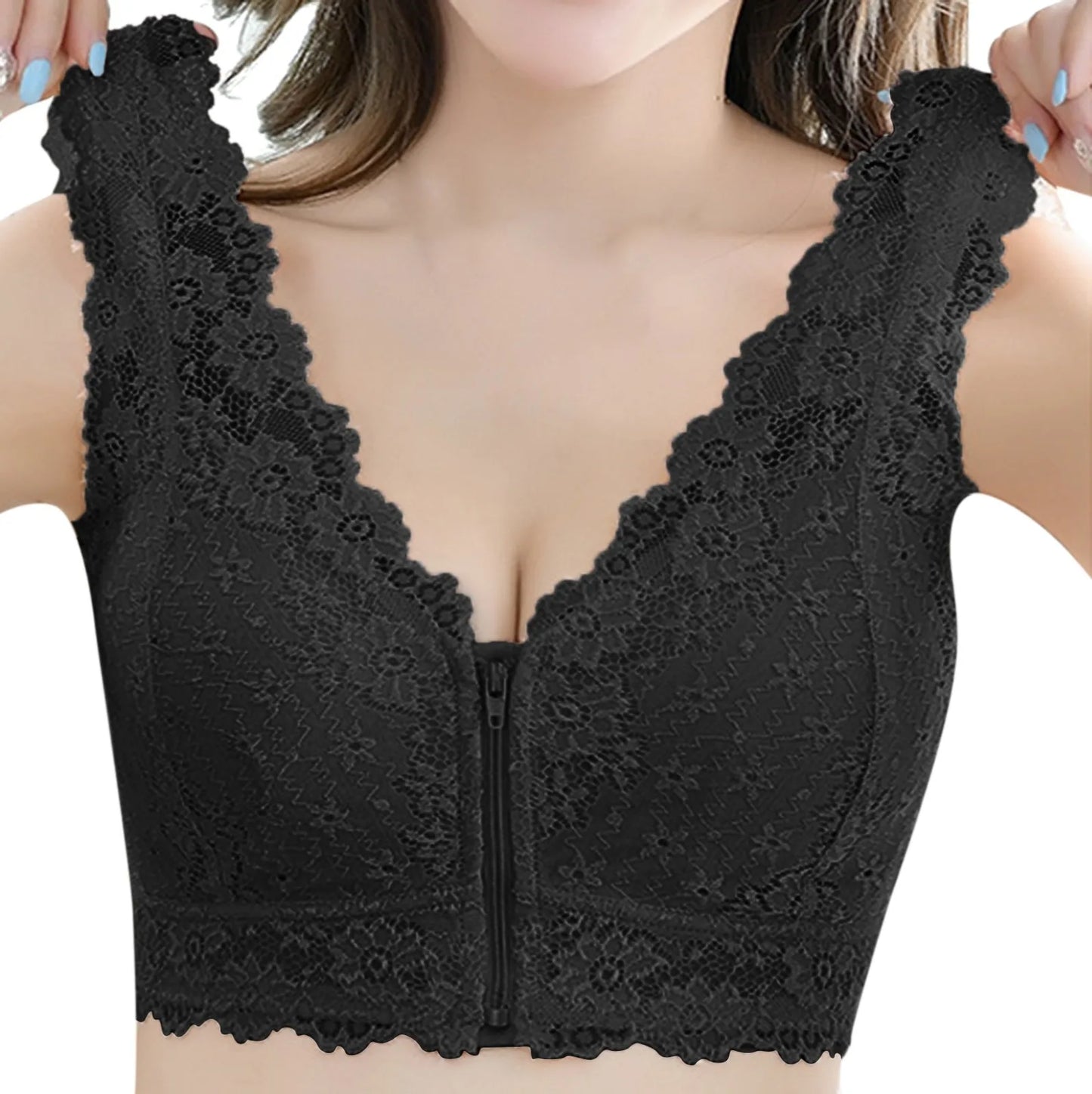 Seamless Deep V Lace Zipper Bra