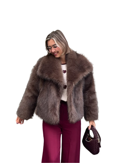 Women Fashion Dark Brown Thicken Warm Faux Fur Long Overcoat