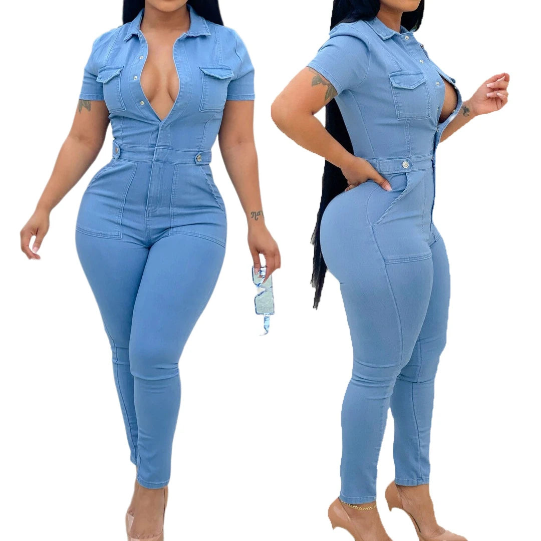 Slim Fit Denim Jumpsuit – Long