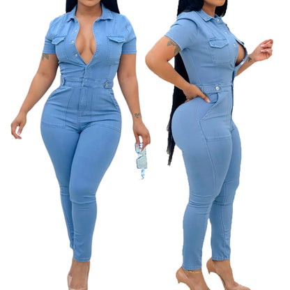 Slim Fit Denim Jumpsuit – Long