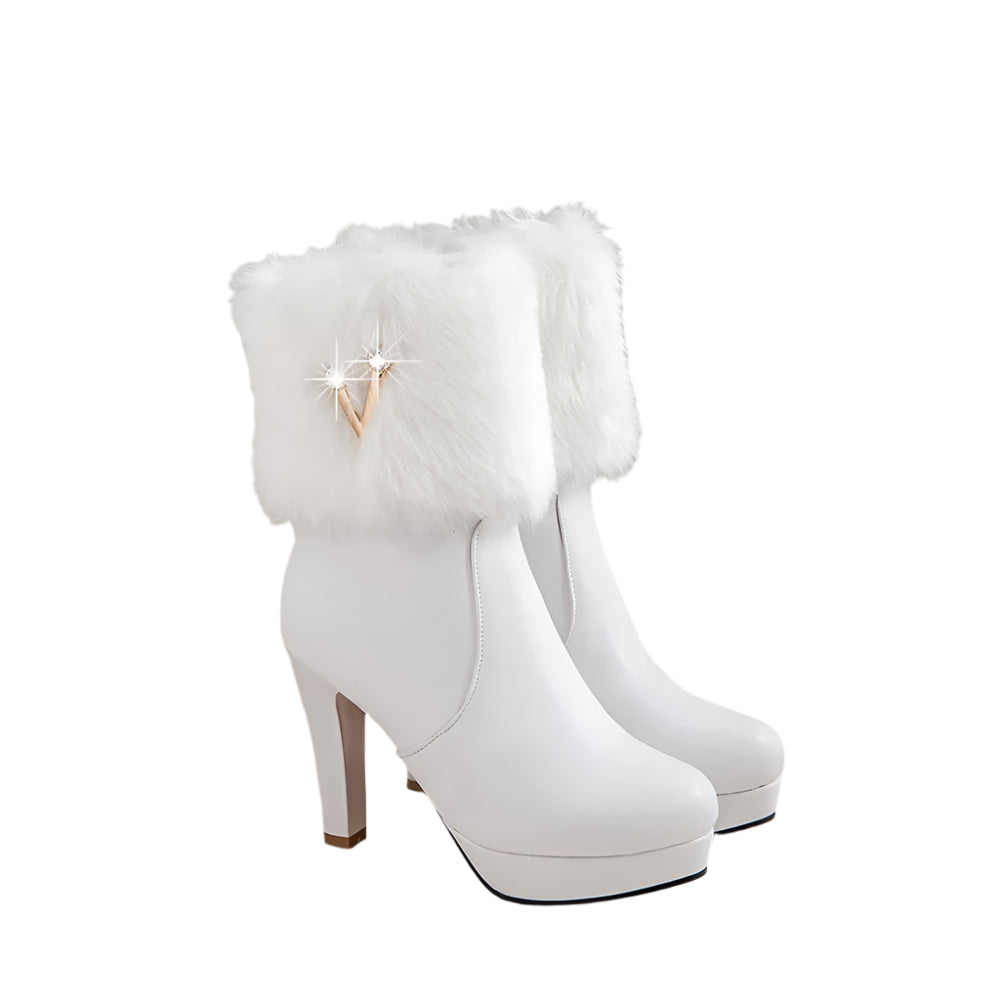 Fur Crystal Zipper High Heel Boots