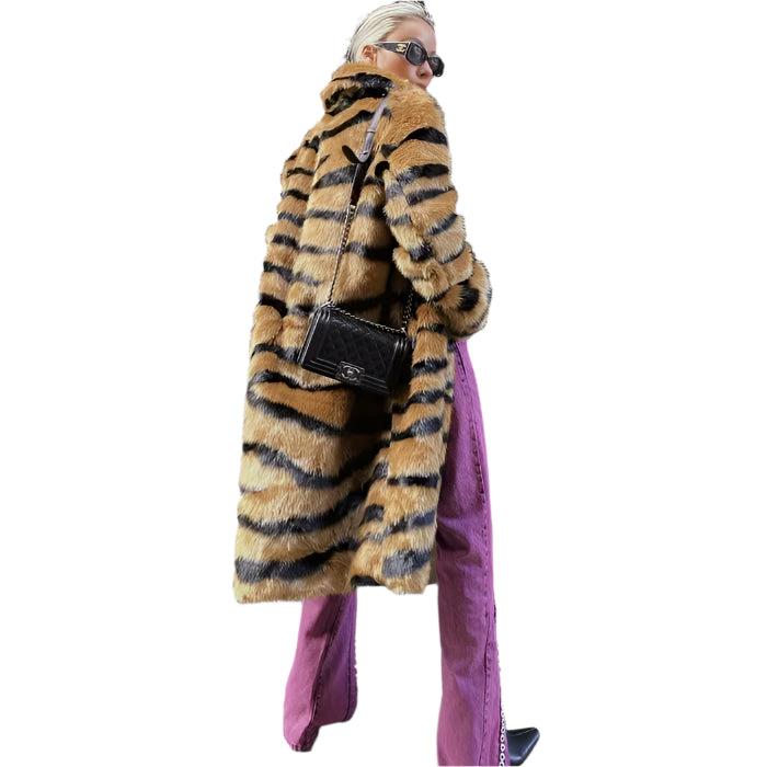 Wild Elegance Imitation Tiger Fur Coat