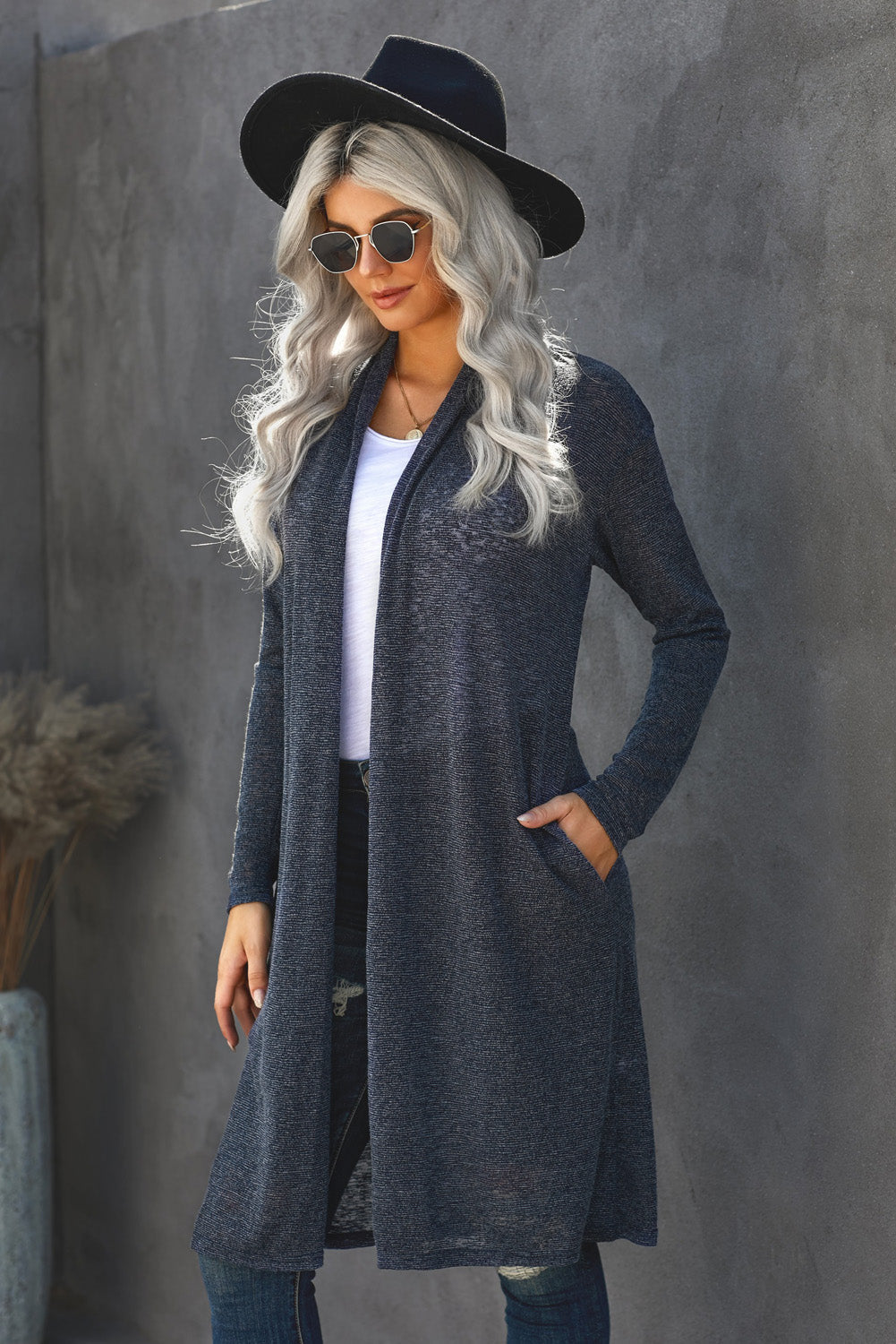 Blue Slouchy Pocketed Knit Longline Cardigan