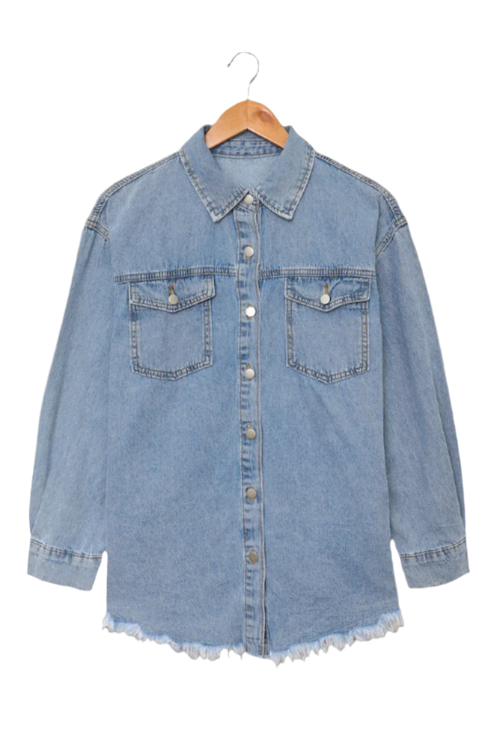 Sky Blue Pocket Raw Hem Buttoned