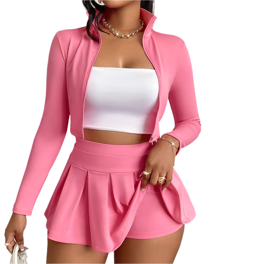 Pink Long Sleeve Sport Set – Zip Jacket & Pleated Skirt