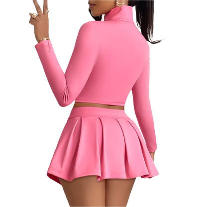 Pink Long Sleeve Sport Set – Zip Jacket & Pleated Skirt