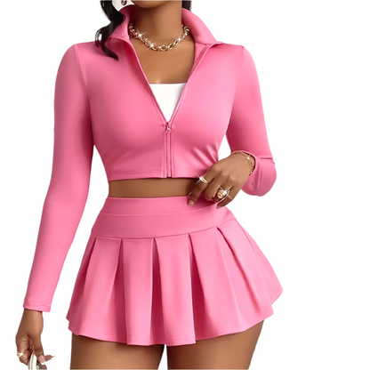 Pink Long Sleeve Sport Set – Zip Jacket & Pleated Skirt