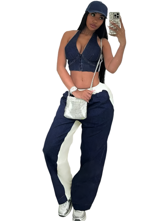 Sporty Zip Halter Tank & Straight-Leg Pants Set