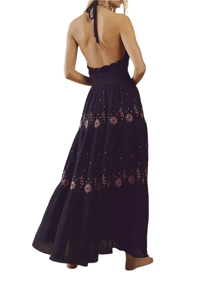 Vintage Boho Embroidered Halter Dress – Effortless Elegance