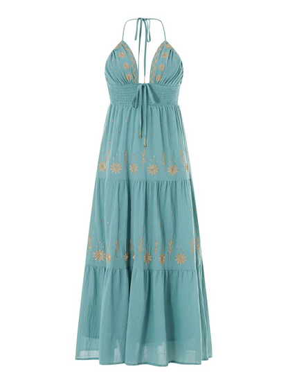 Vintage Boho Embroidered Halter Dress – Effortless Elegance