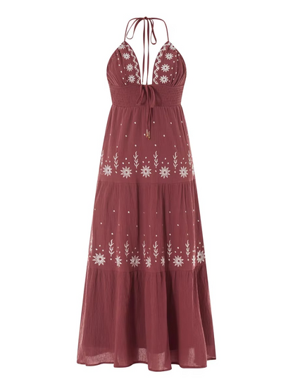 Vintage Boho Embroidered Halter Dress – Effortless Elegance