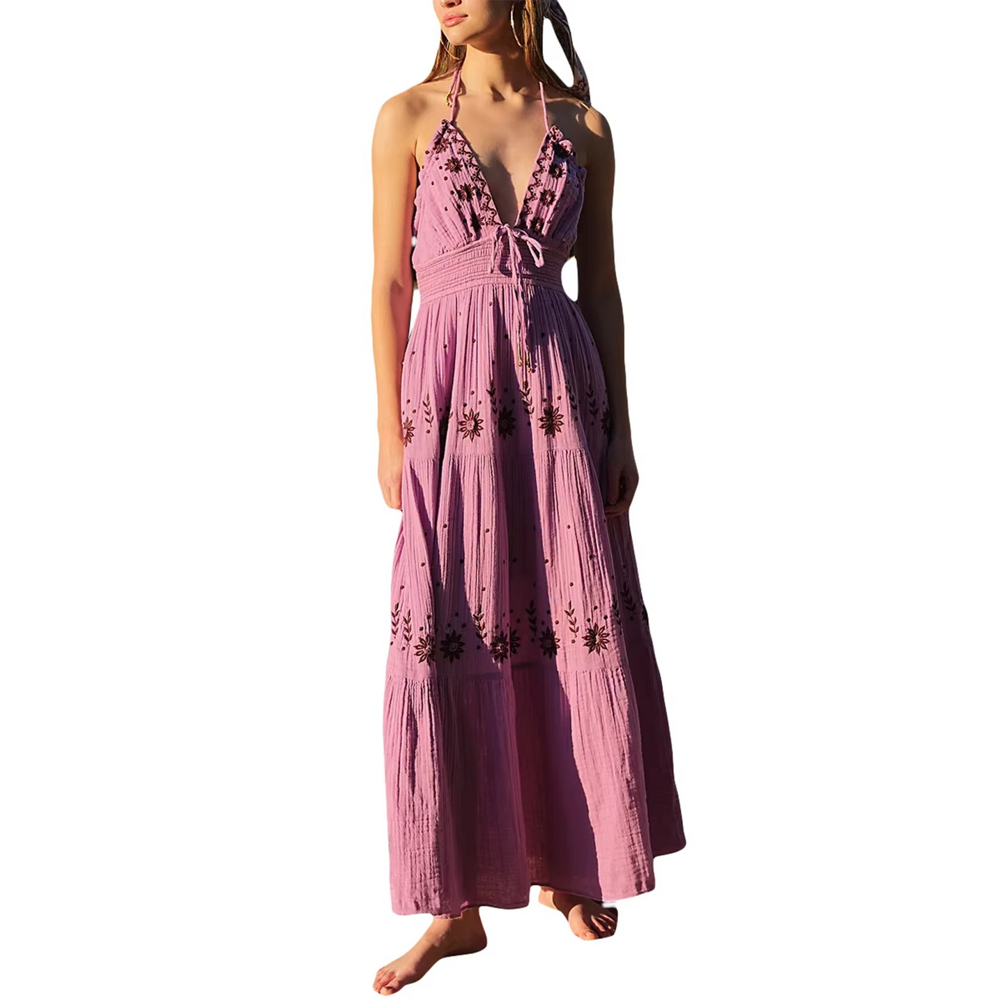 Vintage Boho Embroidered Halter Dress – Effortless Elegance