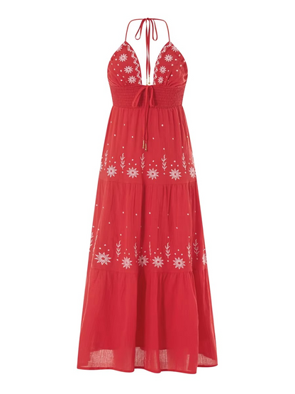 Vintage Boho Embroidered Halter Dress – Effortless Elegance