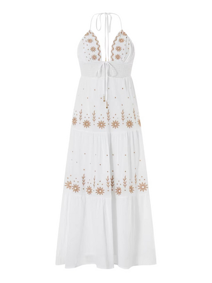 Vintage Boho Embroidered Halter Dress – Effortless Elegance