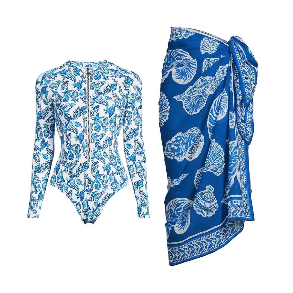 Luxury Conch Print Surf Swimsuit & Sarong Set – Elegant Beachwear