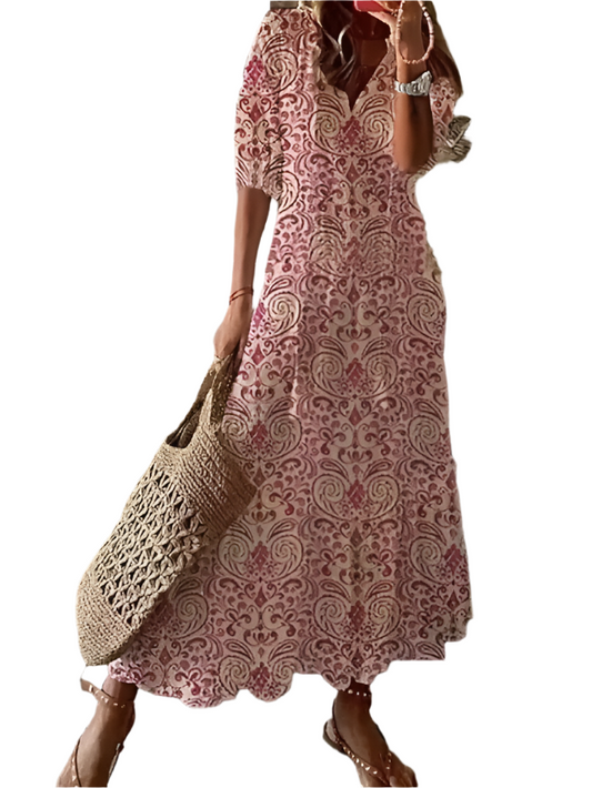 Elegant Printed V-Neck Long Dress – Spring & Summer Chic