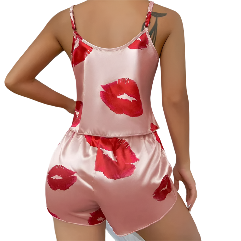 Cute Heart Print Satin Pajama Set