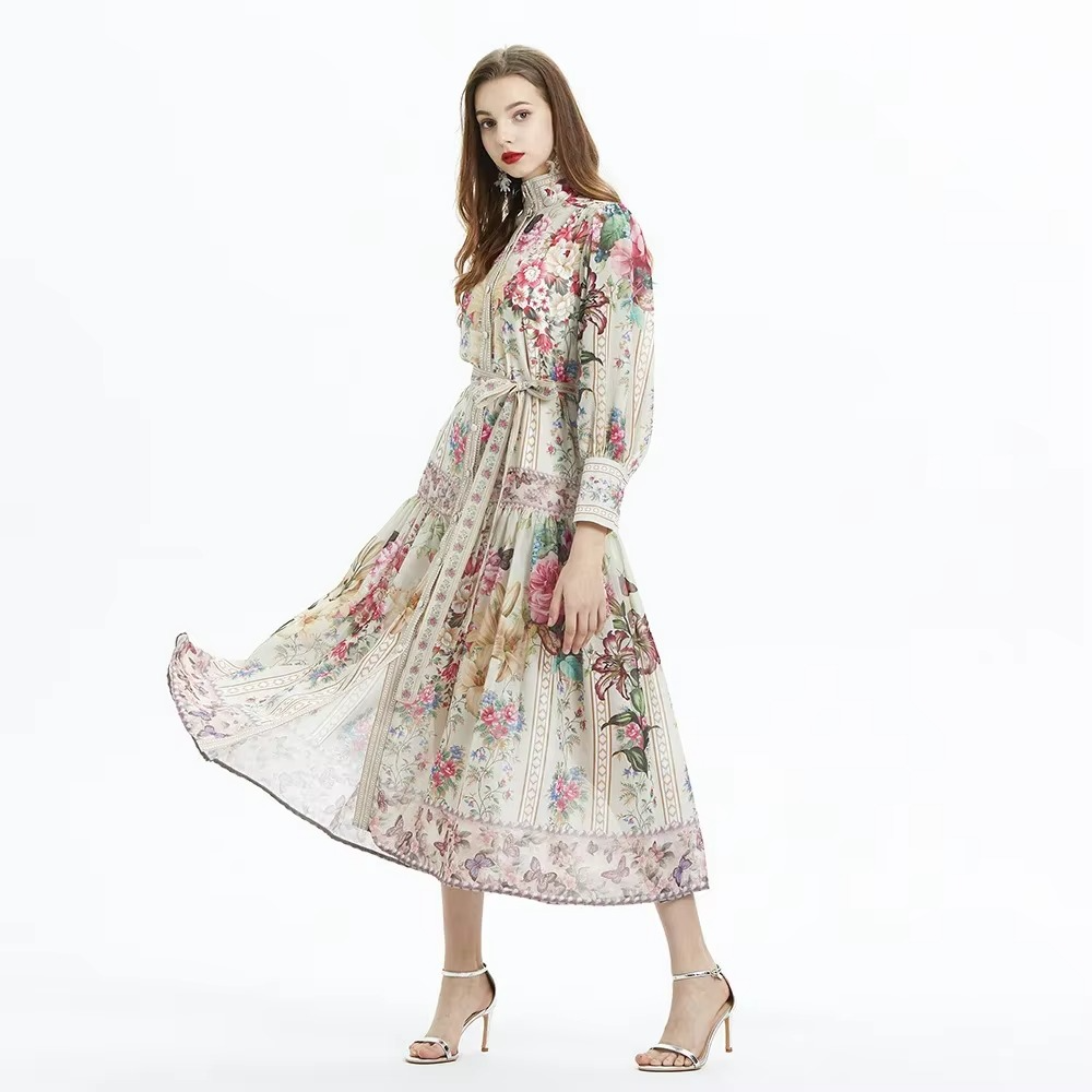 France Vintage-Inspired Elegant Print Dress – Timeless Sophistication