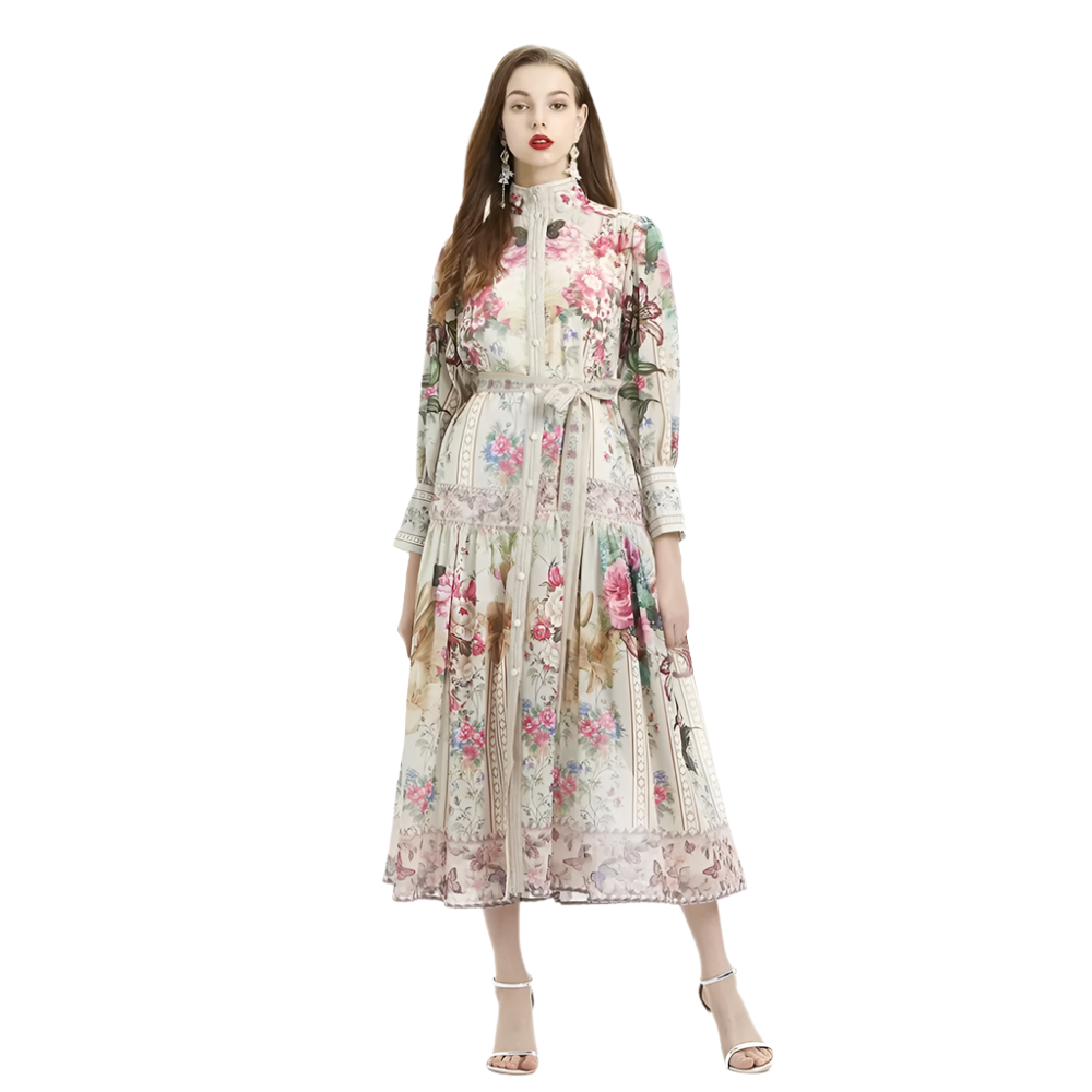 France Vintage-Inspired Elegant Print Dress – Timeless Sophistication