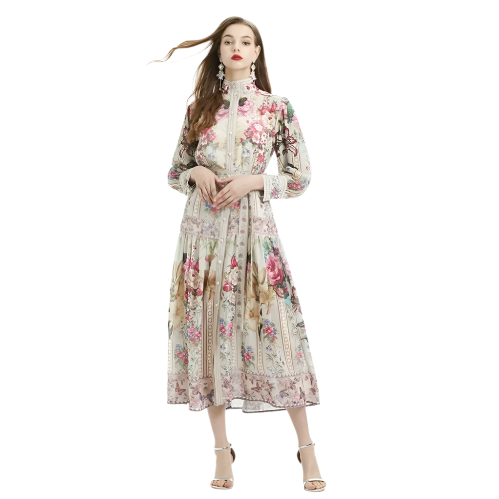 France Vintage-Inspired Elegant Print Dress – Timeless Sophistication