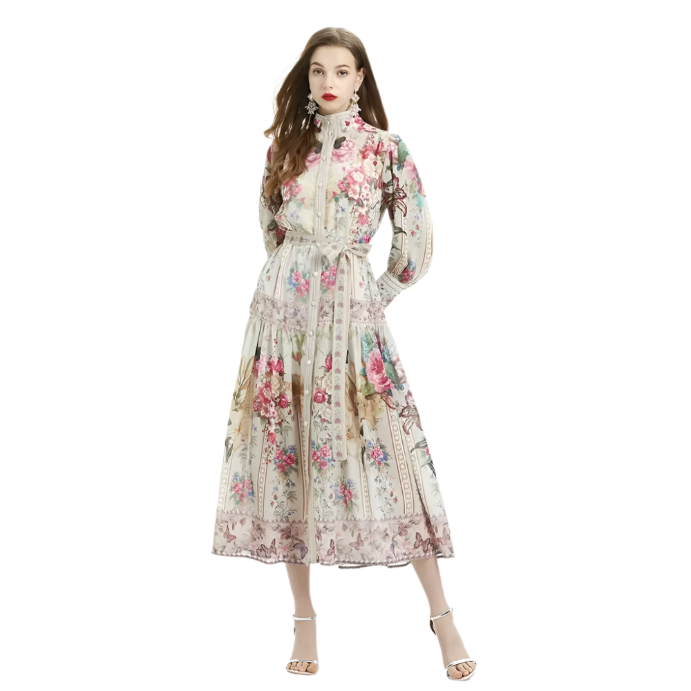 France Vintage-Inspired Elegant Print Dress – Timeless Sophistication