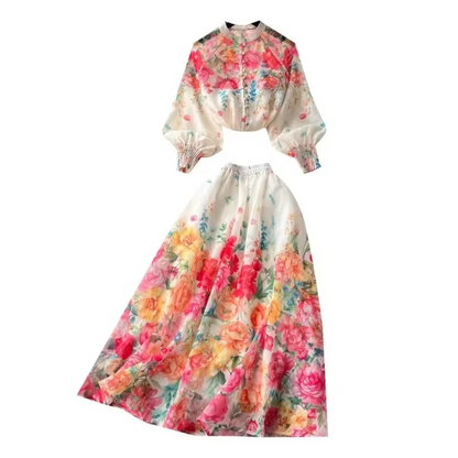 Elegant Organza Floral Two-Piece Set – Summer Holiday Outfit