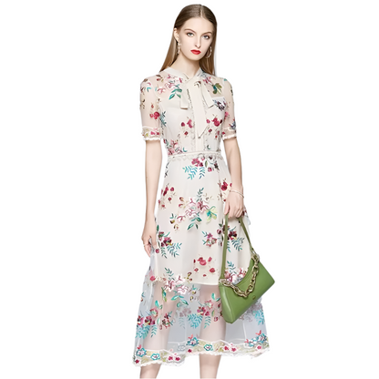 Elegant Mesh Embroidered A-Line Dress – Timeless Femininity