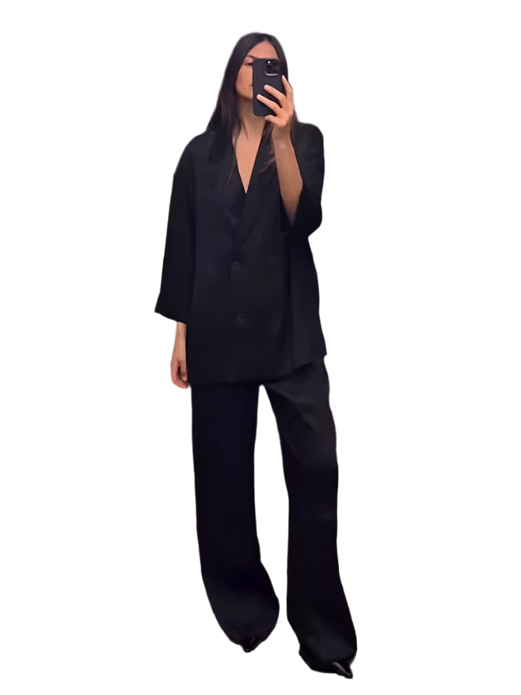 Women's Double-Breasted Blazer & Wide-Leg Pants Set – Elegant Office Chic