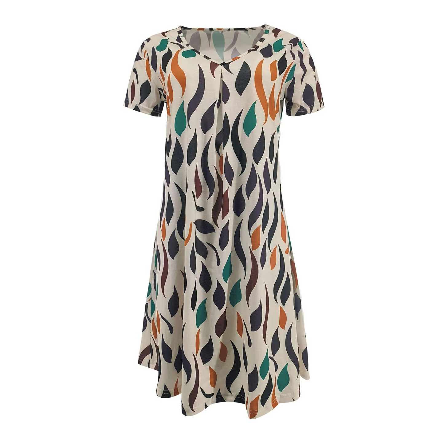 Feather Print V-Neck Mini Dress – Effortless Bohemian Elegance