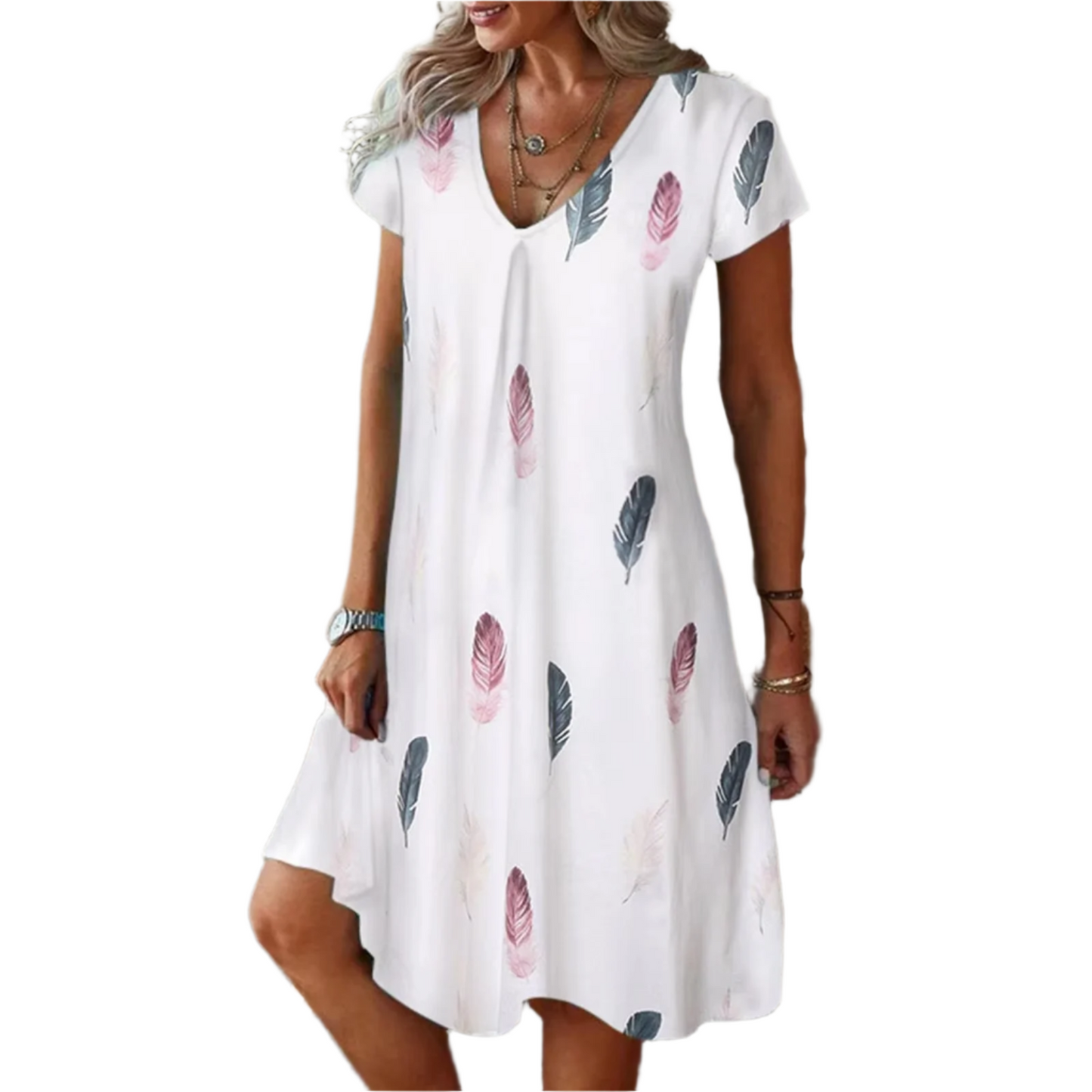 Feather Print V-Neck Mini Dress – Effortless Bohemian Elegance