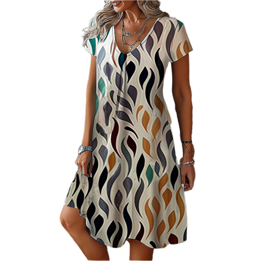 Feather Print V-Neck Mini Dress – Effortless Bohemian Elegance