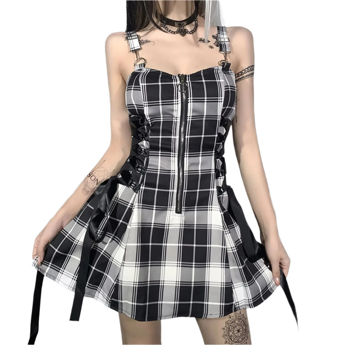 Velvet Plaid Lace-Up Dress – Edgy Elegance & Punk Chic