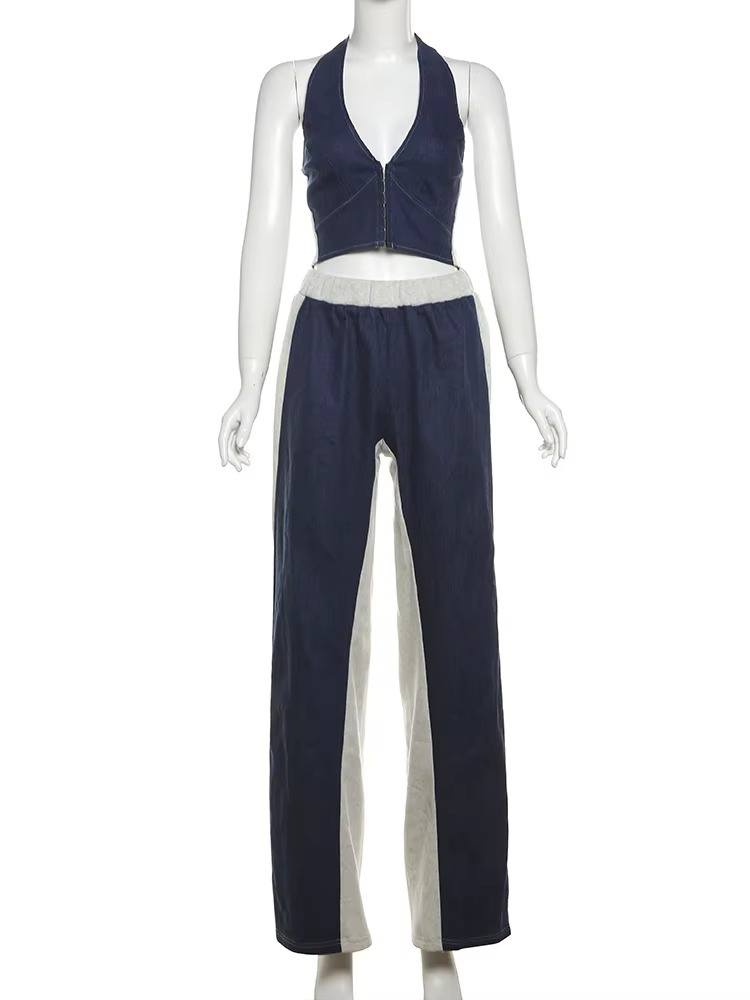 Sporty Zip Halter Tank & Straight-Leg Pants Set