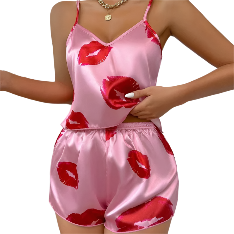 Cute Heart Print Satin Pajama Set