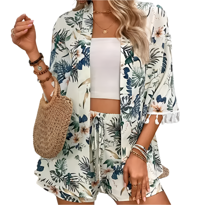 Floral Open-Front Cardigan & Shorts Set