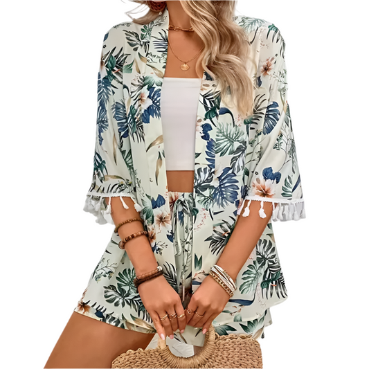 Floral Open-Front Cardigan & Shorts Set