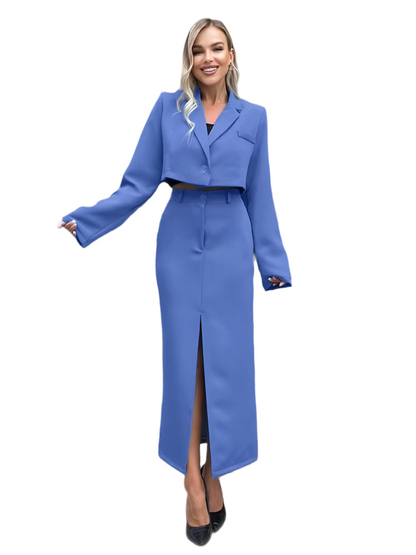 Clacive Khaki 2-Piece Office Set – Long Sleeve Crop Top & High-Waist Skirt