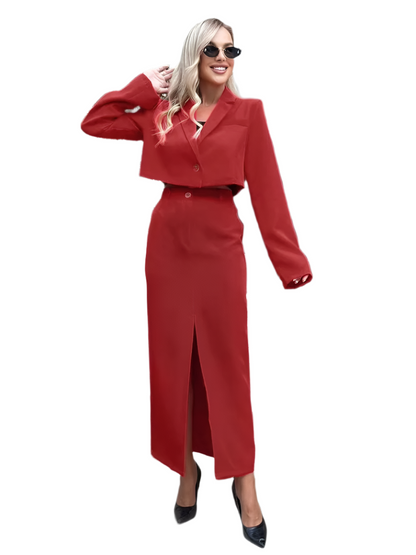 Clacive Khaki 2-Piece Office Set – Long Sleeve Crop Top & High-Waist Skirt