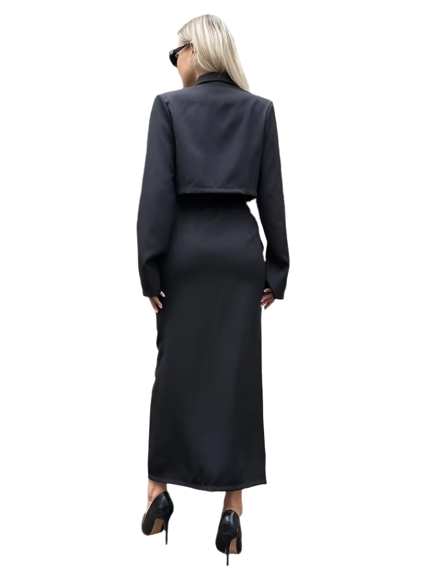 Clacive Khaki 2-Piece Office Set – Long Sleeve Crop Top & High-Waist Skirt