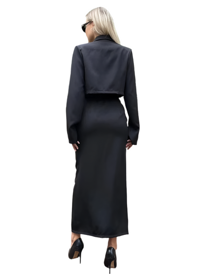 Clacive Khaki 2-Piece Office Set – Long Sleeve Crop Top & High-Waist Skirt