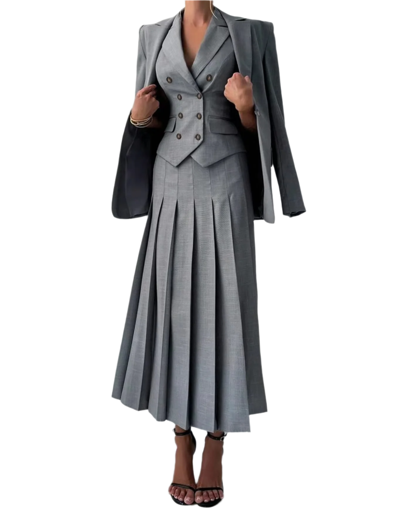3-Piece Women’s Elegant Work & Casual Suit Set – Fitted Vest & Pleated Midi Skirt