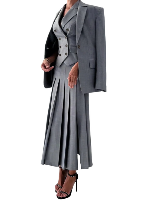 3-Piece Women’s Elegant Work & Casual Suit Set – Fitted Vest & Pleated Midi Skirt