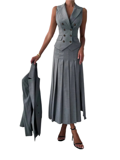 3-Piece Women’s Elegant Work & Casual Suit Set – Fitted Vest & Pleated Midi Skirt
